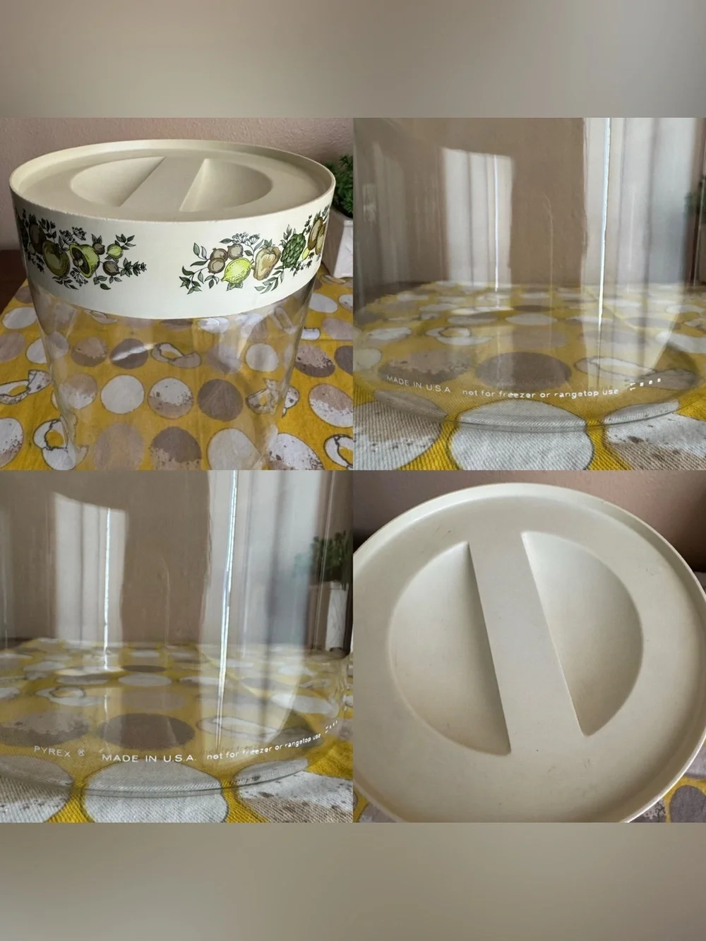Vintage Pyrex Spice of Life circular storage canister with lid